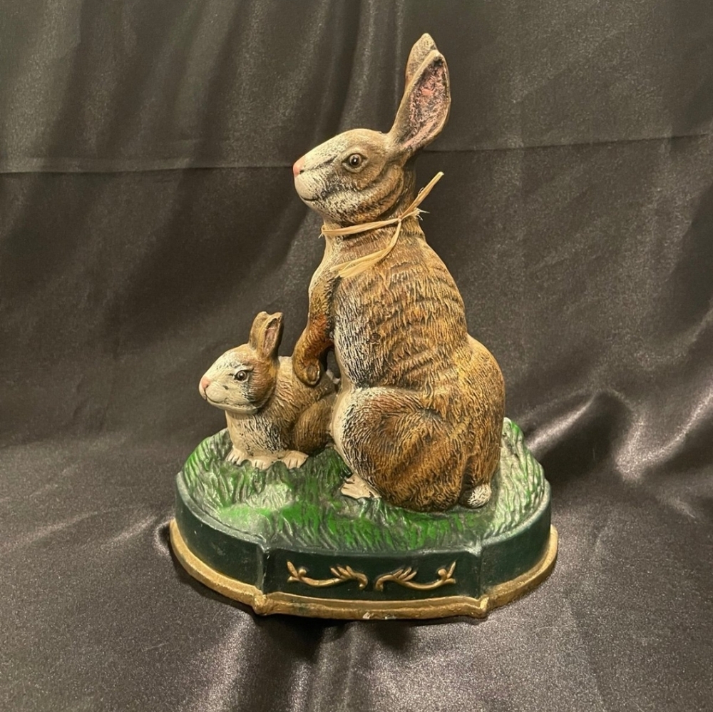 Vintage Painted Door Stop Hare & Baby - Cast Iron Metal